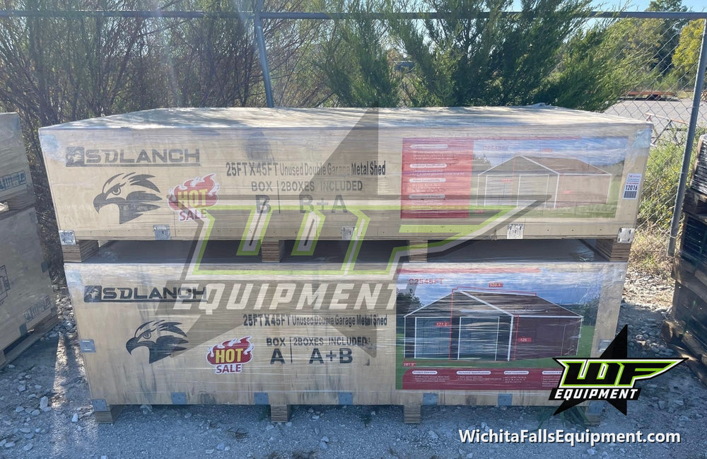 SDLaunch 25x45 double garage metal building kit in two crates, Box A and Box B