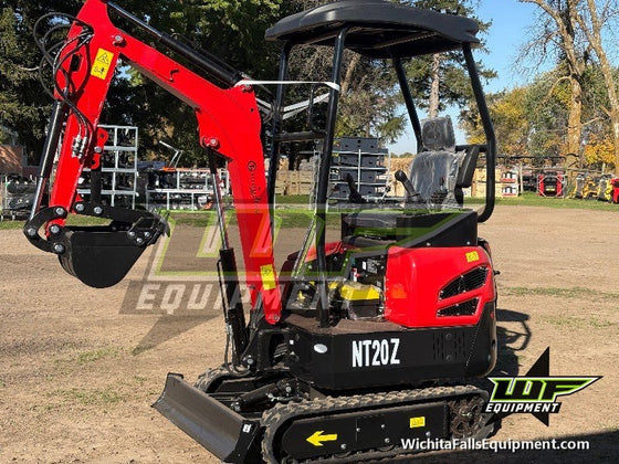 CFG NT20Z red mini excavator with 23 HP gas engine, thumb and backfill blade