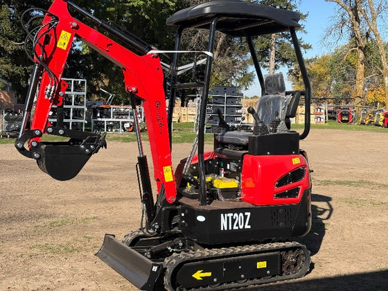 CFG NT20Z red mini excavator with 23 HP gas engine, thumb and backfill blade