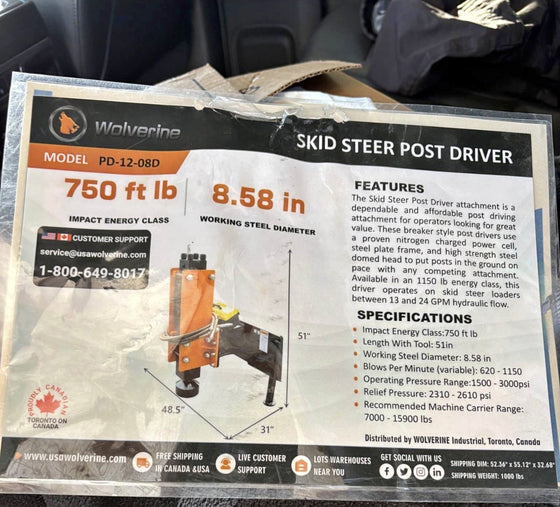 Wolverine PD-12-08D Skid Steer Post Driver specifications